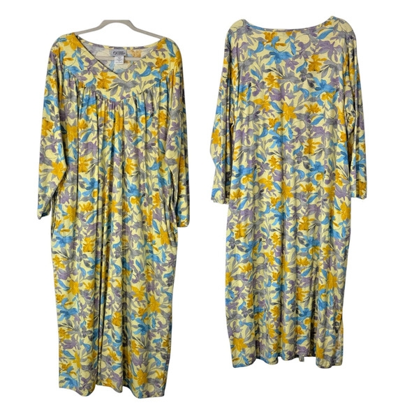 Cozee Corner Long Flannel Nightgown 1X Yellow Floral Maxi Granny Gown Cottage - Picture 1 of 13